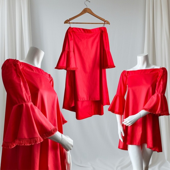 $398 N/Nicholas Red Bell Sleeve Off Shoulder High Low Cotton Mini Dress Vacation - Picture 1 of 13